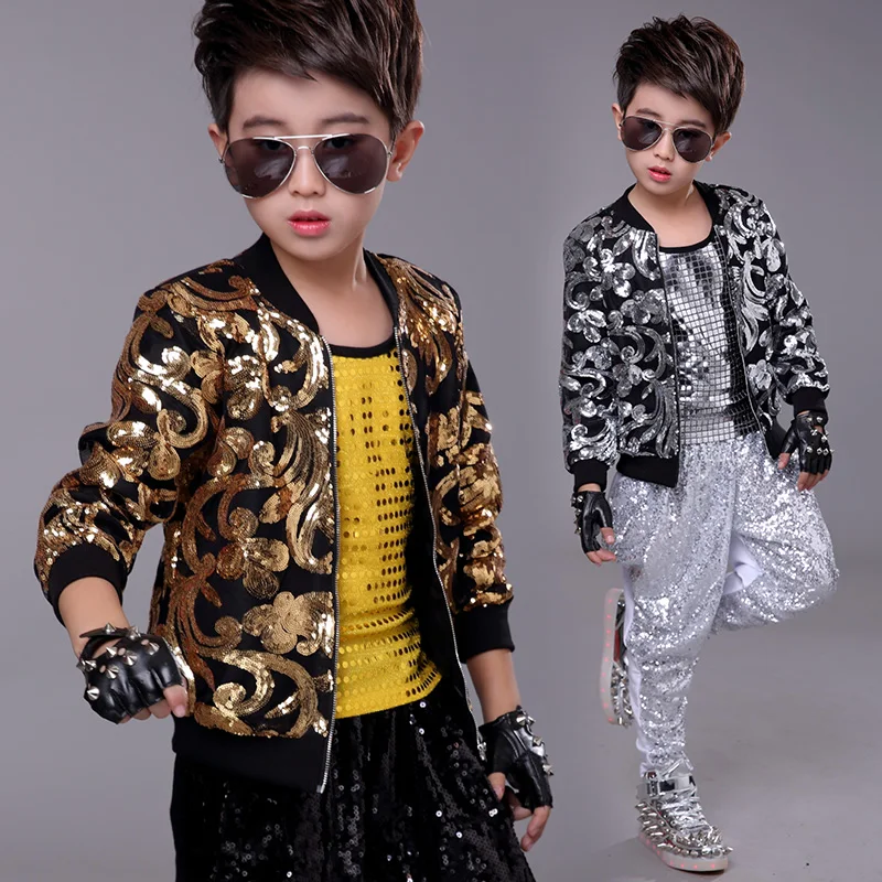 

Hip Hop Costume Sequined Long Sleeve Coat Boys Jacket Street Dance Clothes Stage Show Outfit Children Performance Wear DN2977