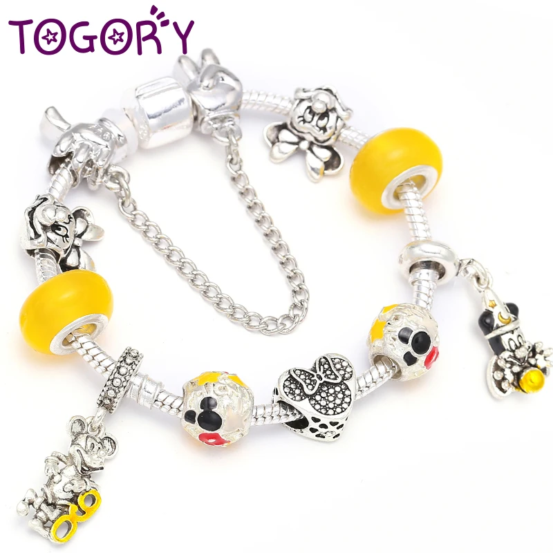 

TOGORY Authentic Silver Color European Charm Bracelets With Yellow Murano Crytals Beads DIY Brand Bracelet For Women Kids Gift