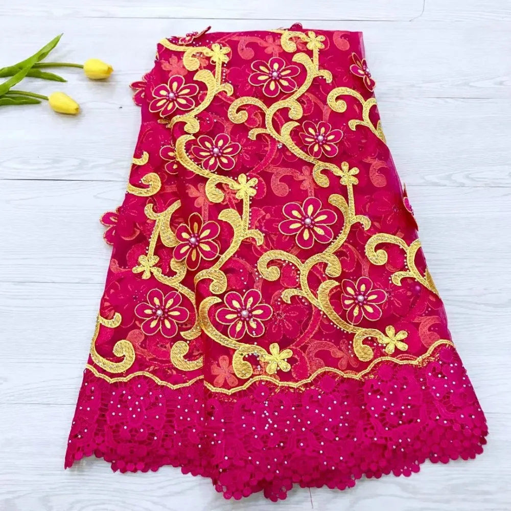 

Fashion African Lace Fabric High Quality Mei red Lace nigerian lace fabric 2018 high quality lace With Beaded 5yards