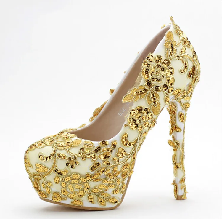 Gold bridal shoes Flowers sequined lace dress shoes High with thin heel