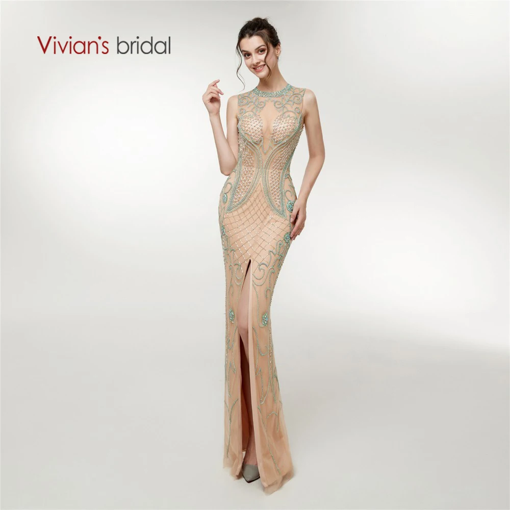 Vivian's Bridal 2018 модное вечернее платье ручной работы с разрезом спереди роскошное