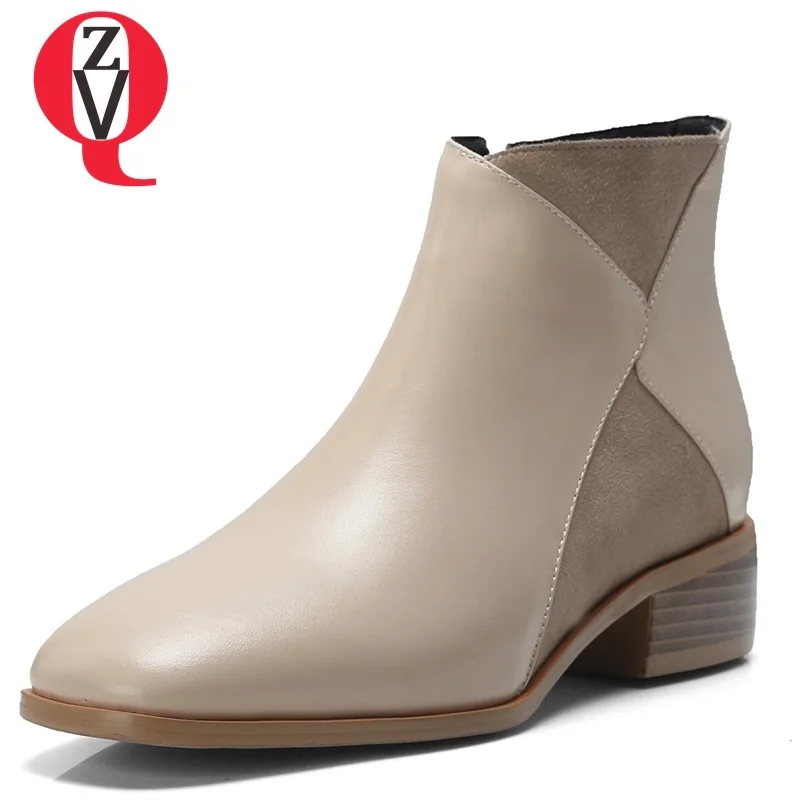 

ZVQ 2018 winter new concise casual square toe zipper med square heel genuine leather women shoes outside comfortable ankle boots