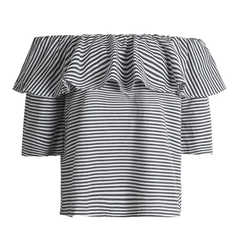 Ahmagen Sexy Off Shoulder Ruffle Striped Blouse Shirt Women Tops Summer 2017 Slash Neck Short Sleeve Blouses Blusas Plus Size10