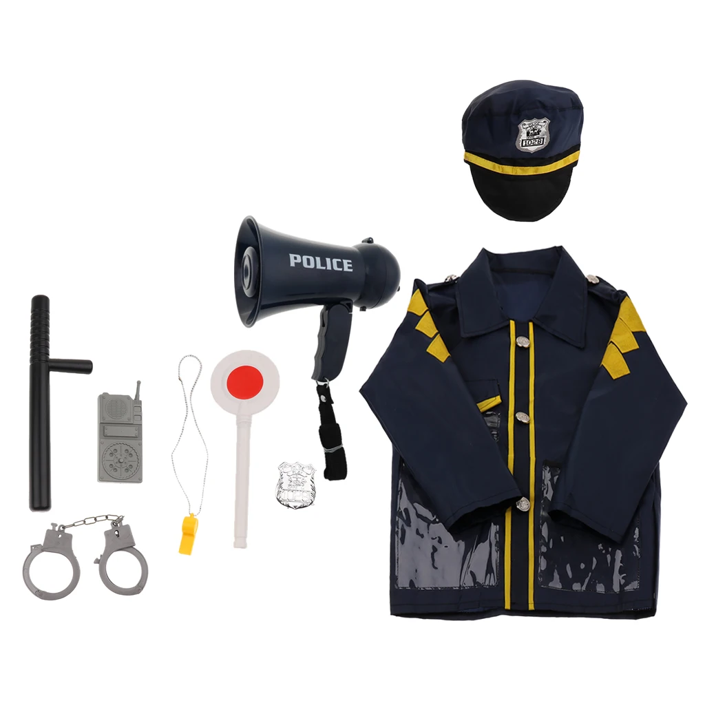9pcs Pretend Police Officer Toy Outfit Clothes Megaphone with Siren Sounds for Fancy Dress Role Playing - Walkie-talkie Hat Accs