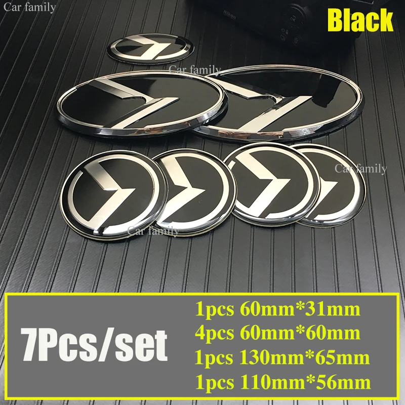 

Black 7Pcs/set 130mm/110mm/60mm/31mm Front/Rear Hood/Trunk Emblem Covers Wheel Rim Cap Decal Steering Wheel Sticker Car Styling