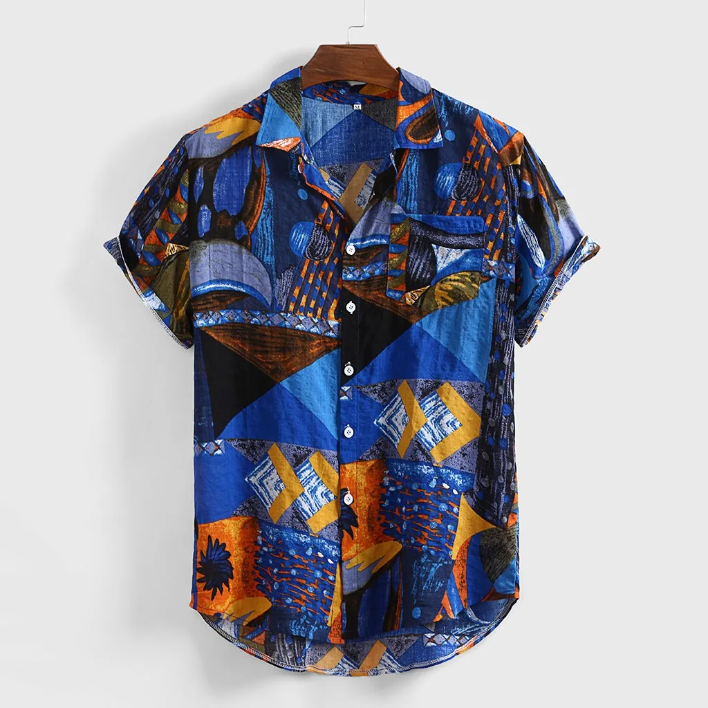 

Men's Clothing Vintage Ethnic Printed Turn Down Collar Short Printed Fashion Stand Collar Short Sleeve Loose Shirts Buttons T s