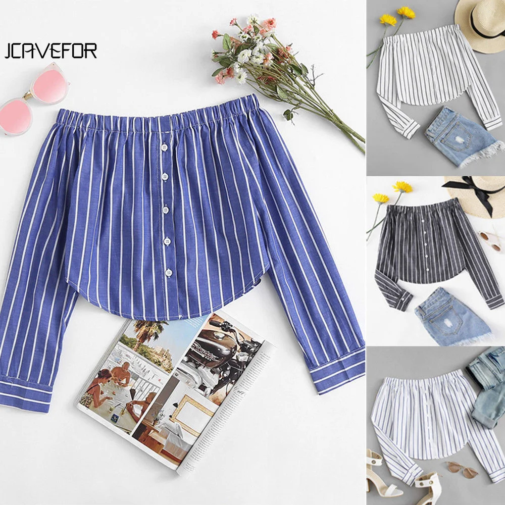 Sexy Women Shirt Long Sleeves For Office Work Tops and Blouses 2019 Female Autumn Shirts Blusa Feminina Slash Neck Striped |