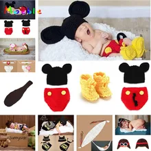 Микки дизайн Детские шапочки, вязанные крючком реквизит для фотосессии Детский костюм комплекты одежды для новорожденных, вязанные крючком шапки-бини и Штаны& Обувь Одежда 1 комплект MZS-14016
