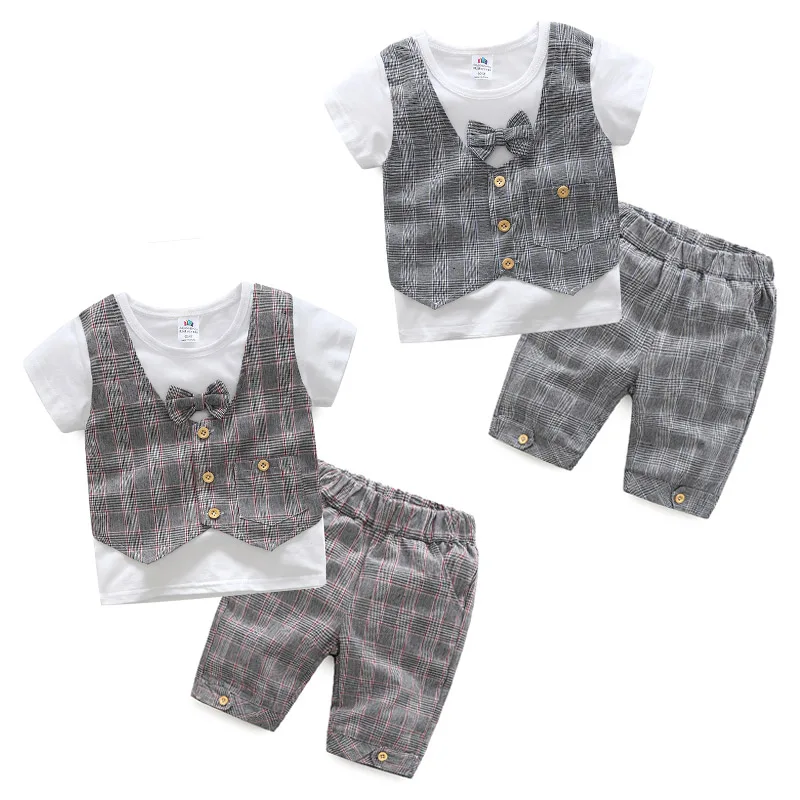 

Hot Selling Newest Baby Plaid Suit 2019 Summer Boys' Children's Short Sleeved Five-point Trousers Two-piece Luxury Baby Clothes