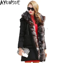 Бренд AYUNSUE, зимняя куртка, Женская парка,, теплый белый утиный пух, капюшон, натуральный Лисий мех, воротник, куртки для женщин, длинные, Mujer LX131