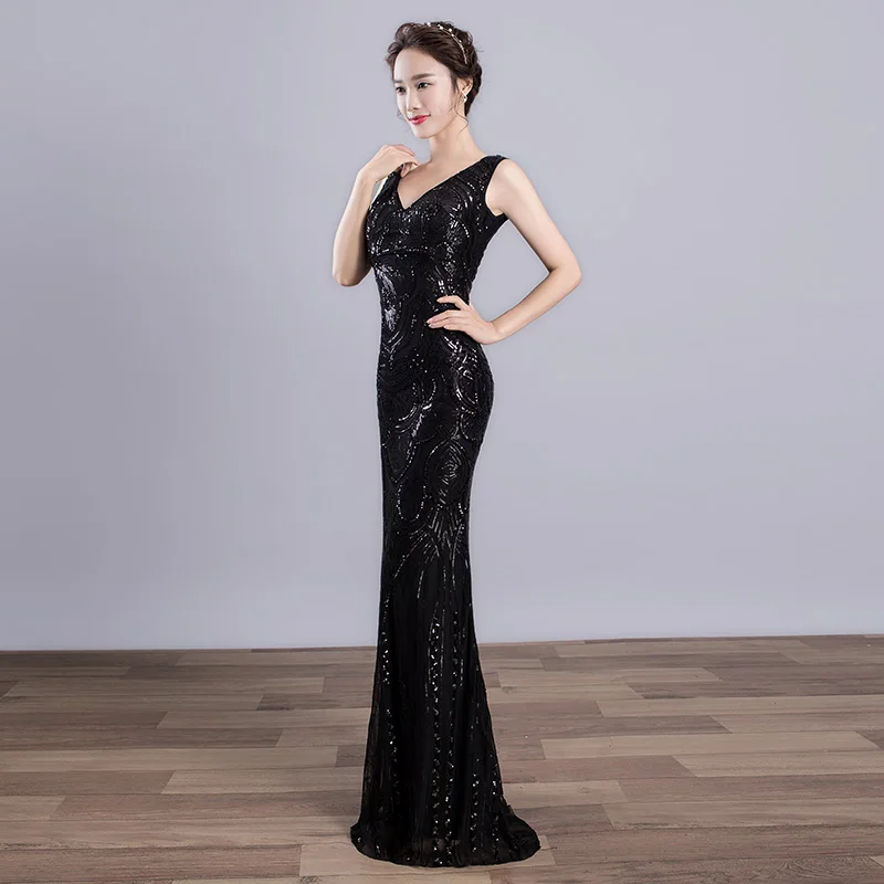 DongCMY WT01568 сексуальное платье с цветочным принтом, вечернее платье черного цвета Цвет женское с v-образным вырезом Вечерние платья-русалки