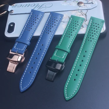 

20mm Blue Green Genuine Leather Watch bands Bracelet With Colour hole Replacement Leather Strap With Clasp