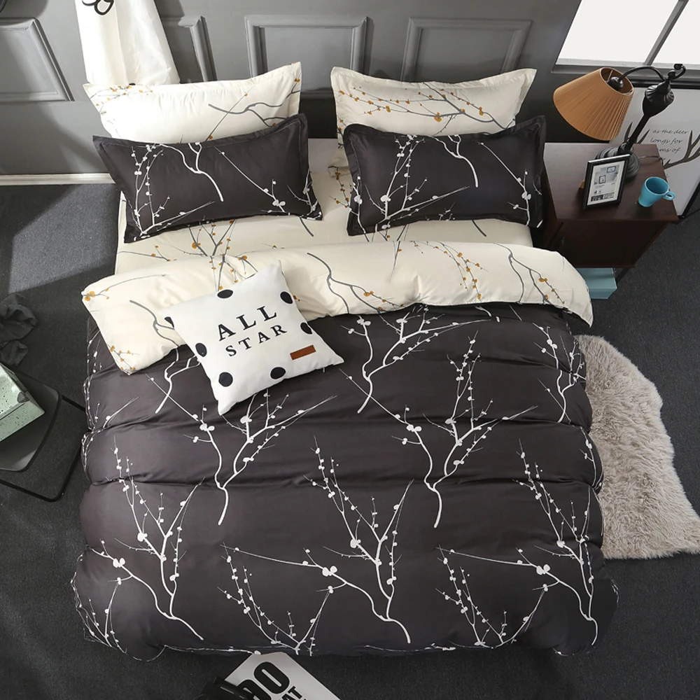 

PAPA&MIMA Dropshipping Gray bedding set Branch bed line white Sheet Pillowcase Duvet Cover Sets Bedclothes set
