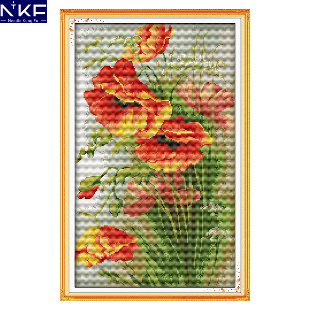 

NKF Poppy Cross Stitch Kit Flowers Counted Printed 14CT 11CT Embroidery DIY Handmade Needlework Craft Cotton Cross-stitch