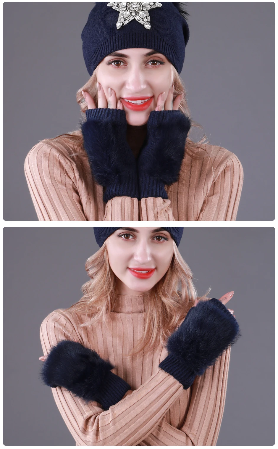 Cntang осень-зима вязаные шерстяные перчатки без пальцев Для женщин Симпатичные Настоящее кролика варежки Женская мода теплые перчатки для