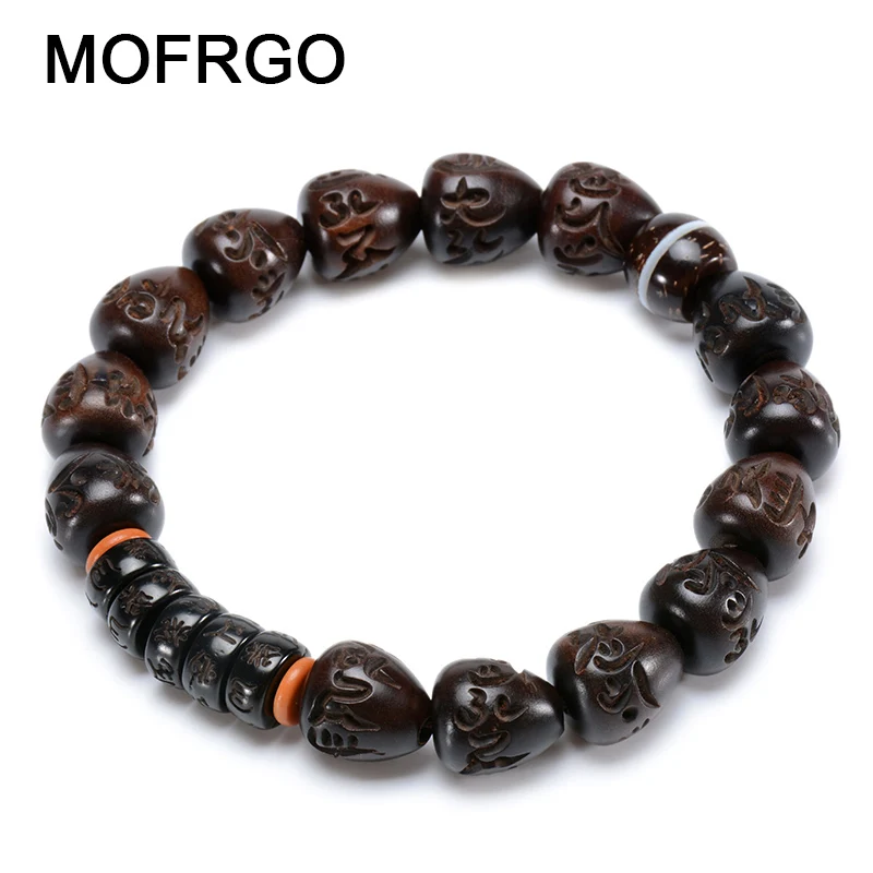 

MOFRGO Natural Wood Beads OM Personalized Bracelet Men Coconut Shell Olive Kernel Meditation Bracelet For Women And Men Jewelry