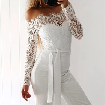 

2018 Autumn Women Jumpsuit Fashion Sexy Slash Neck Long Sleeve Long Bodysuit Casual Elegant Lace Patchwork Solid Romper Female