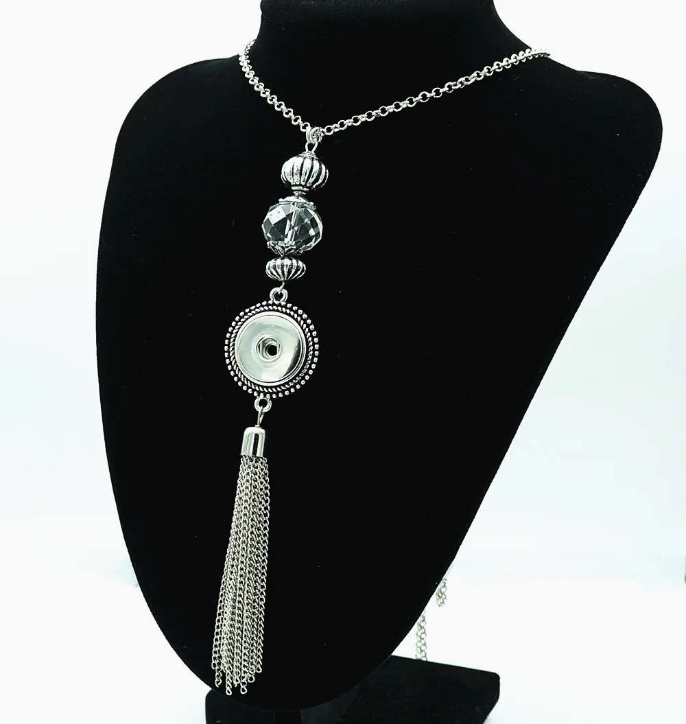 Fashion Tassels crystal pendant snap necklace chain 60cm fit 18MM snap