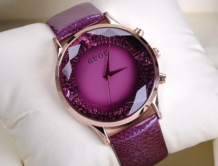 Бренд HK GUOU, кварцевые женские часы, стразы, водонепроницаемые, женские часы из натуральной кожи, высококлассные, с большим циферблатом, роскошный подарок, наручные часы