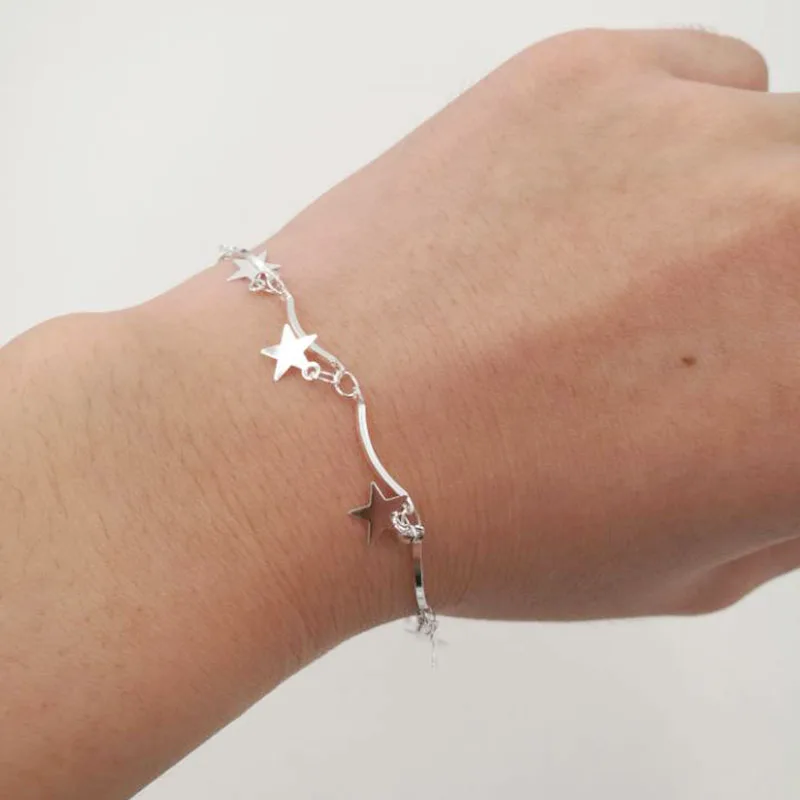 

Real shooting Korea mini cute sweet star bracelet silver plated stars tassel chain bracelets women girl fashion jewelry gift S30