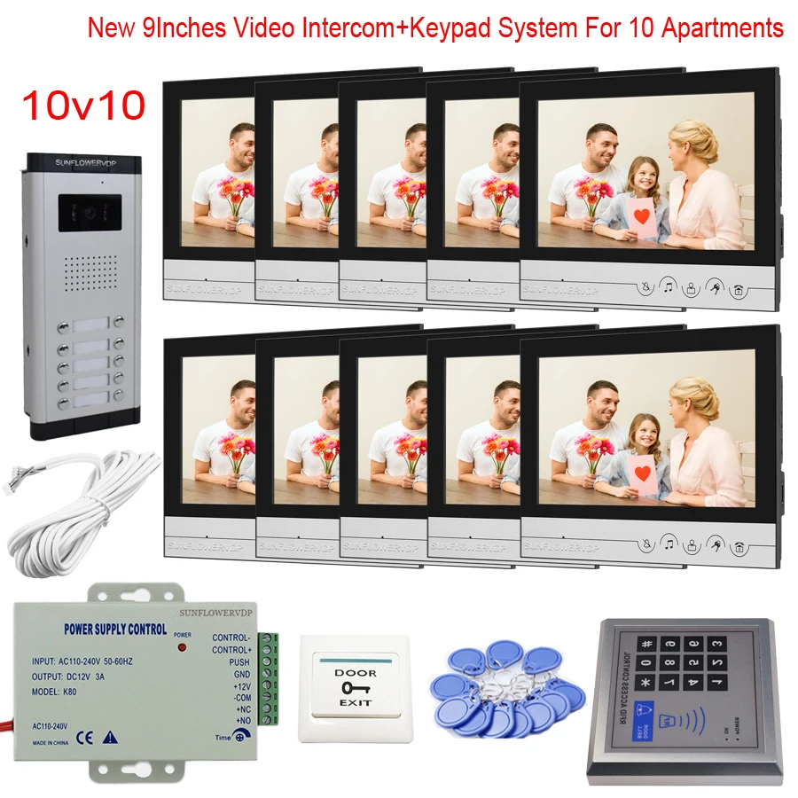 

Touch Key 9” Monitor Homephone Apartment 6/8/10/12 Wired Video Intercom With Rfid Code Access Control System Kit Door Bell