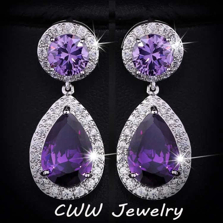CWWZircons красивые и хорошее качество Большой Фиолетовый AAA+ кубический цирконий Кристалл длинные висячие серьги для женщин Свадебная вечеринка CZ016 - Окраска металла: purple