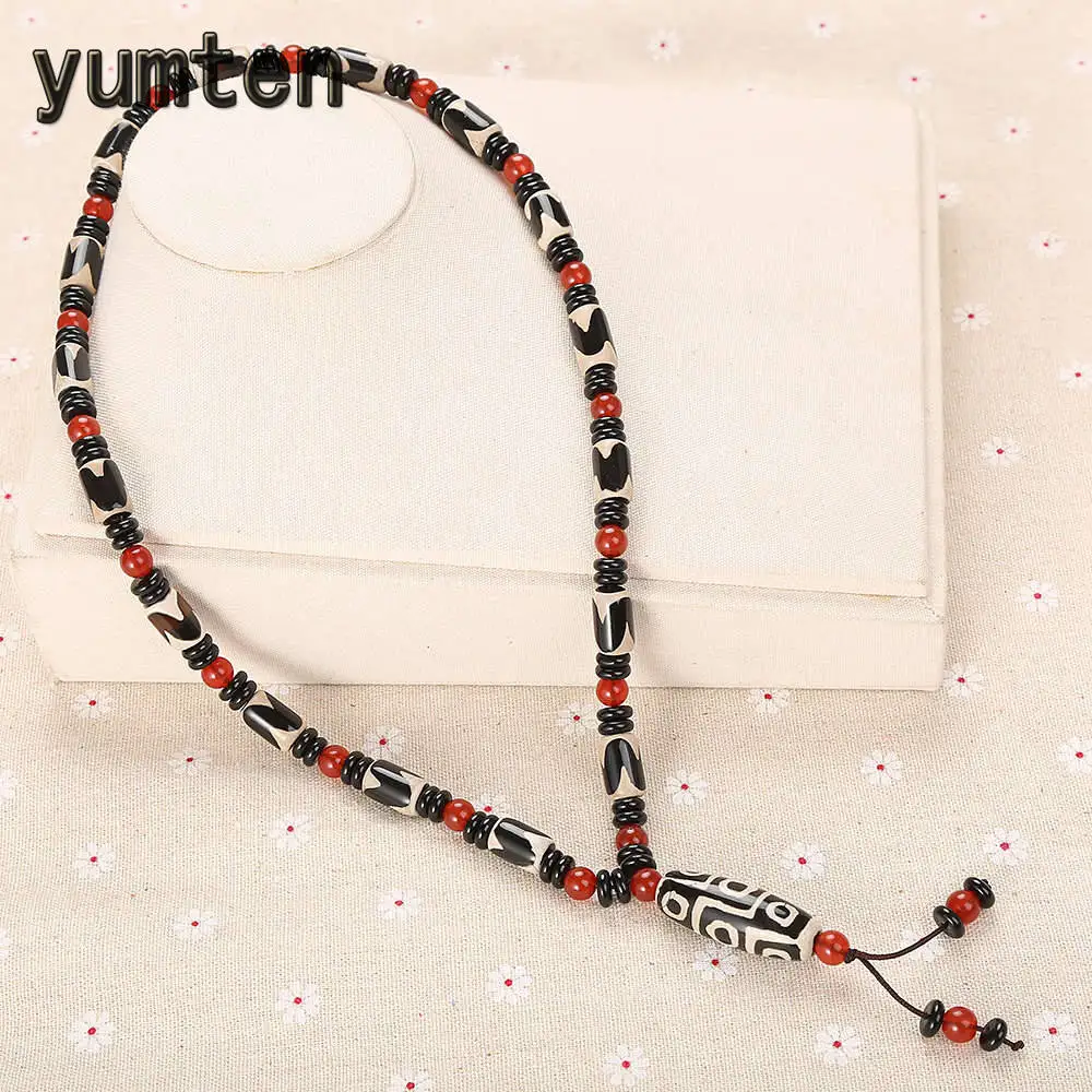 

Yumten Vintage Women Necklace Agate Crystal Pendant Power Jewelry Men Anniversary Accessories Round Red Beaded Chain Cylinder