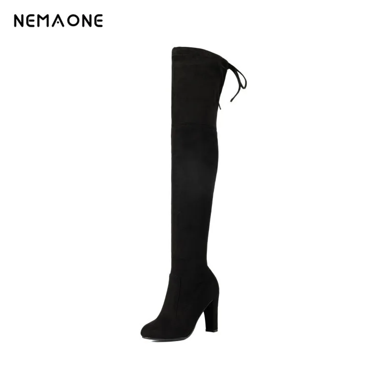 

Fashion suede leather Black gery chunky heel vintage boots women over the knee boots stretch Silm fit high heel thigh high booty