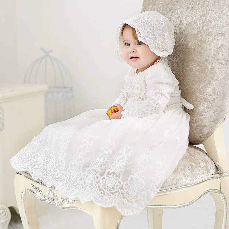 Длинное белое платье на крестины с длинными рукавами и шляпой; кружевные вечерние платья для маленьких девочек на свадьбу; Anniversaire Fille