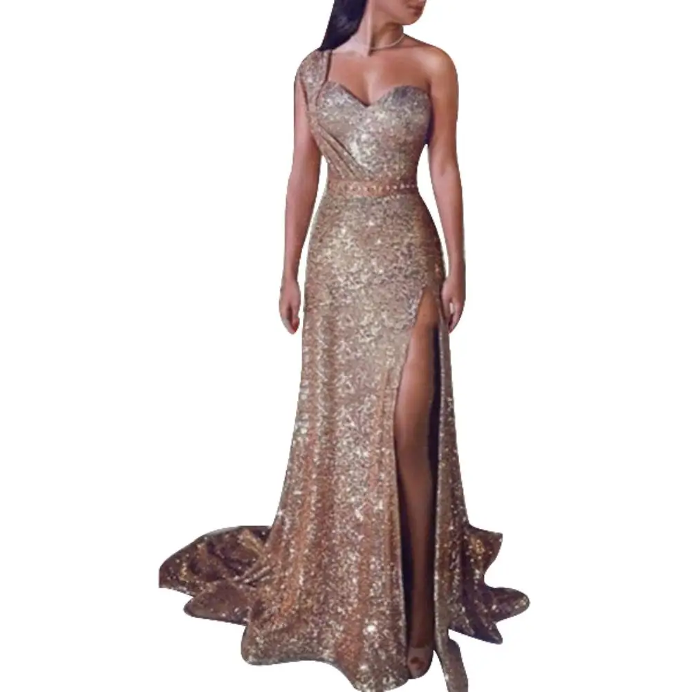

Elegant Women Sexy Plus Size Sequined One Shoulder Split Long Maxi Club Party Evening Dress Vestido De Festa Bride Banquet Dress