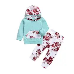 2018 для новорожденных для маленьких мальчиков девочек топы с капюшоном и длинными рукавами + штаны с цветочным принтом 2 шт. наряды комплект