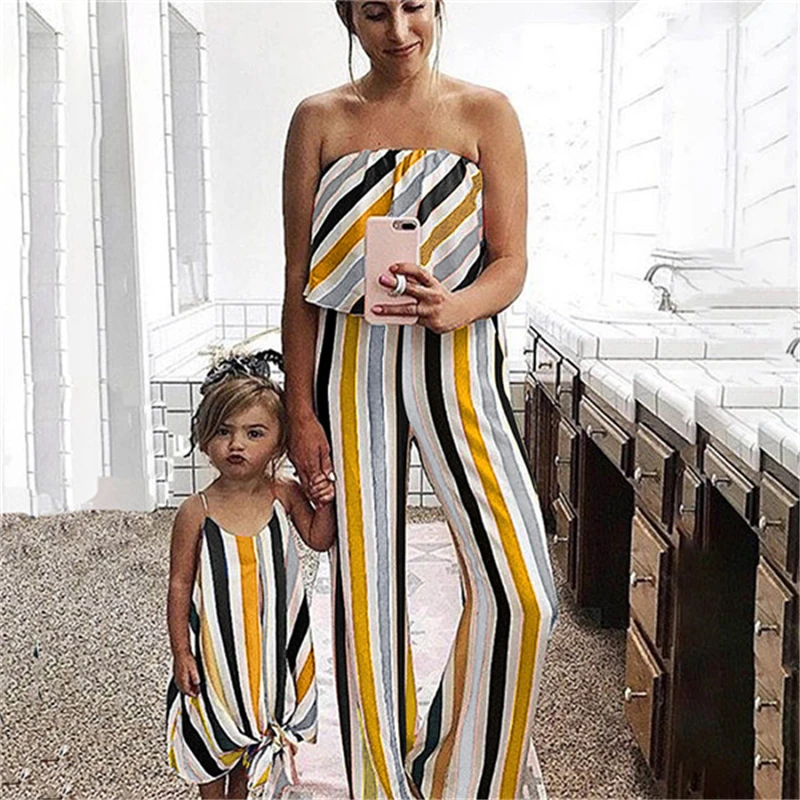

Fashion Mom Daughter Matching Outfits Colorful Striped Mommy Off Shoulder Romper Jumpsuit Girls Dress Family Matching Outfit New