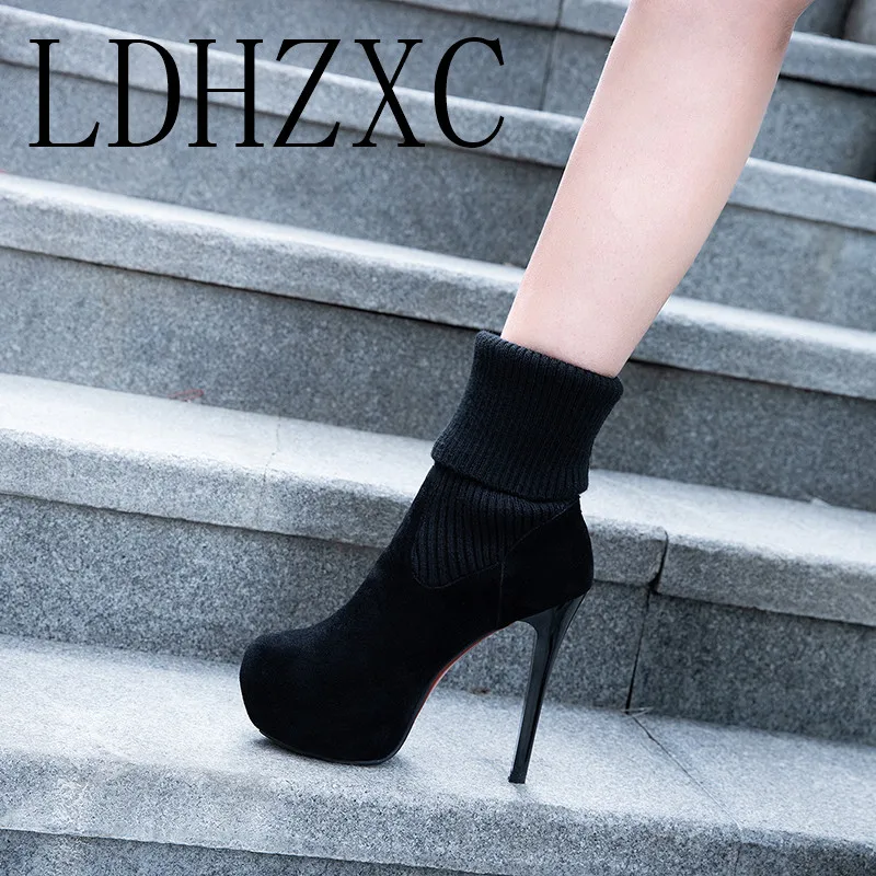 

LDHZXC Flock Round Toe Women Mid-calf Boots Black Fashion Thin High Heel All Match Short Woman Shoes Platform Boots Size 34-43