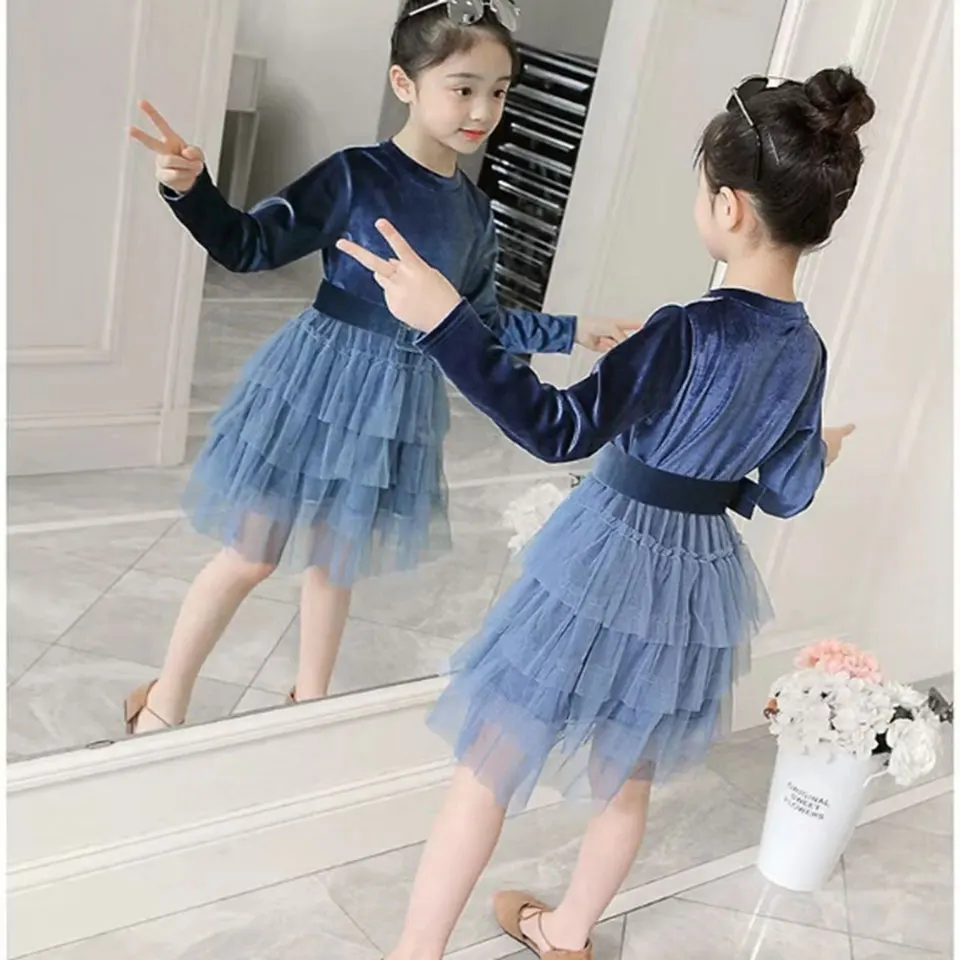 

New 3 Colors Kids Baby Girls Dress Casual Spring Autumn O-neck Collar Long Sleeve Princess Dresses Clothes 3T 4 6 8 10 12 Yrs