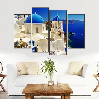 

Modular 4pcs Venice Landscape Painting Venice Santorini Island Oil Paint Framed Canvas Prints Decorations Wall Art Wall Pictures