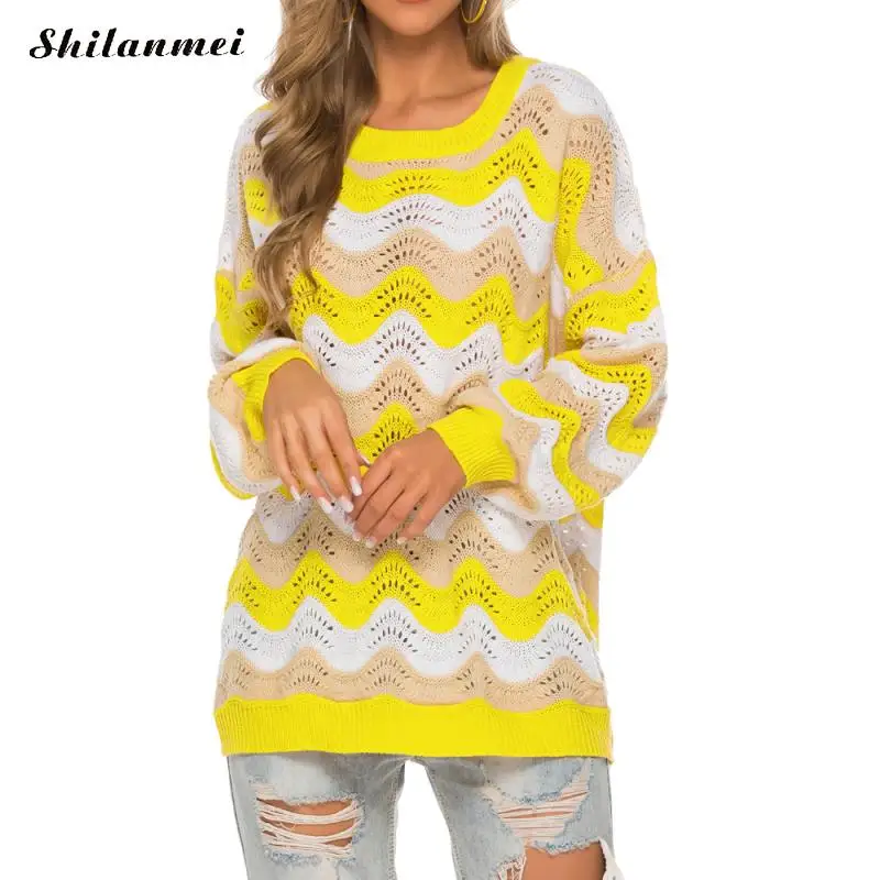 

Knitted Pullover Loose Hollow Causal Jumpers Winter Pull Femme Tops Yellow Wave Striped Sweaters For Women 2019 Autumn Fashion