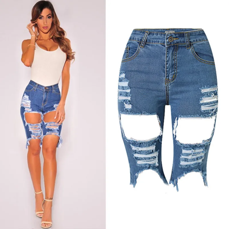 

2018 women high Waist Ripped Hole Washed Denim breeches Pants Female fashion tight Elastic pure Cotton Knee Length jeans CN6623