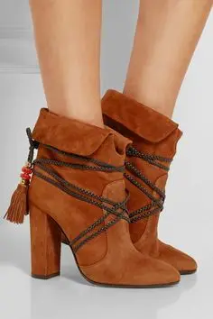 

women newest brown suede leather thick high heel cross braid strappy lace up short boots beaded fringe ankle boots