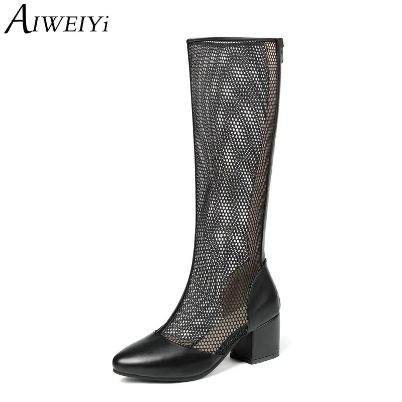 

AIWEIYi Women Summer Boots Black White Square Heel High Heels Knee High Boots Lace Cutout Thigh High Boots Long Boots