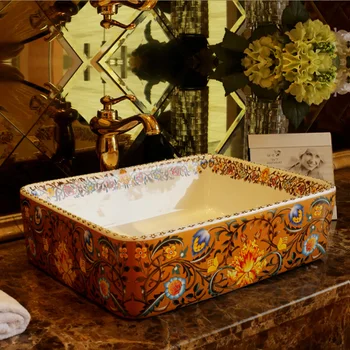 

Rectangular Bathroom Lavabo Ceramic Counter Top Wash Basin Cloakroom Hand Painted Vessel Sink bathroom sinks vintage sink