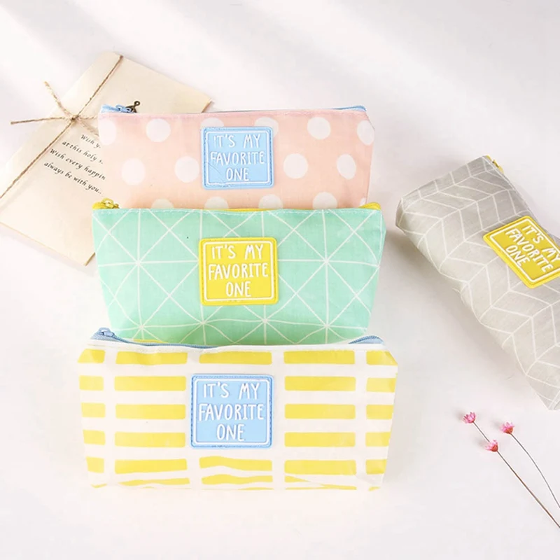 

1pc Kawaii Canvas Fabric Pencil Case Cute Dot Stripe Pencil Bag Pen Bag Pouch Gifts School Stationery Supplies
