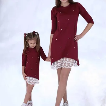 

Mommy and me family matching 2019 New pearl dress clothes solid mom and daughter kids parent child outfits