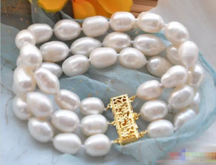 

Free shipping hot sale Women Bridal Wedding Jewelry >>3row 8" 14mm white rice FRESHWATER CULTURED pearl bracelet
