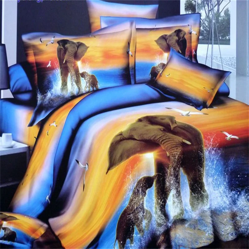 

Pure Cotton Modern Designs Sunset Elephant and Bird Print Bedding Set Queen Size 3D Animal Duvet Covers Bed Linens Pillowcase