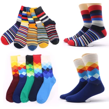 

5pair Colorful Striped Socks Funny Rhombus Pattern Male Art Socks for Autumn Winter Hip Hop Crew Socks Compression Long Sokken