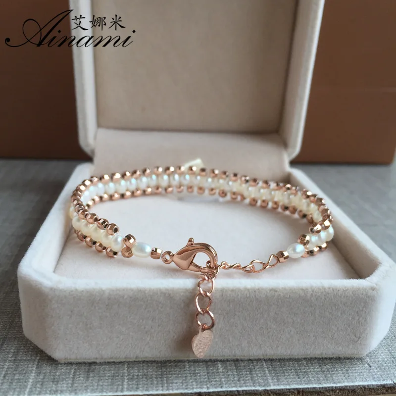

[Ainami] Freshwater Cultured Pearl Bracelet Wedding Jewelry Real White Pearl Bracelets Rose Gold Color Charm Pearl Bracelet