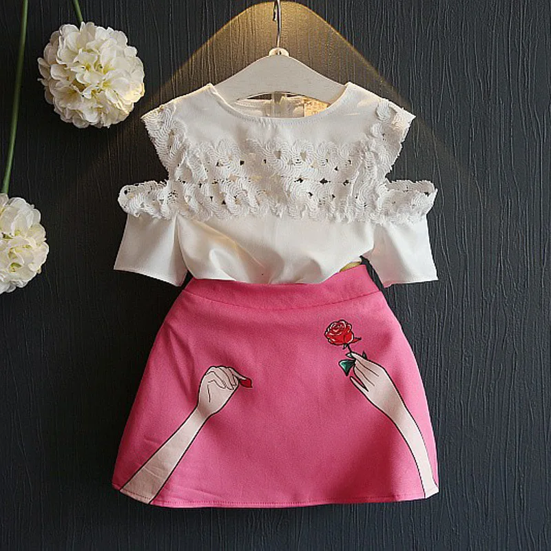 

2019 Blouse + Skirt Baby Child Suit 2 Pieces Fashion Girls Clothing Sets Lace Mesh children's Clothes Lace-up Shirt Dress 2-9T