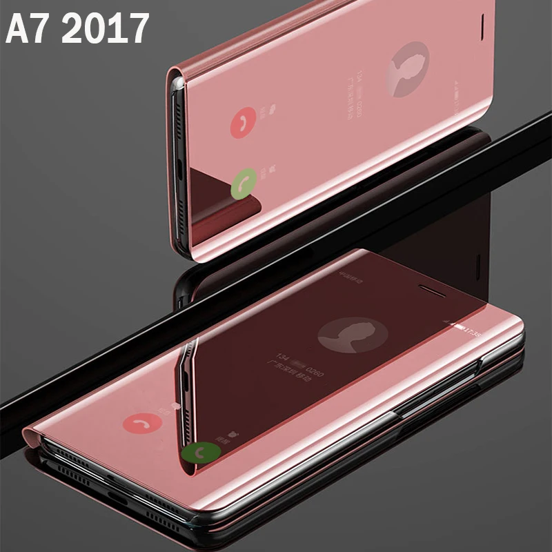 

Flip Smart Mirror Phone Cover,case,For Samsung galaxy A7 2017 A720 Hard Leather Clear View Standing Rose Gold Back Cases