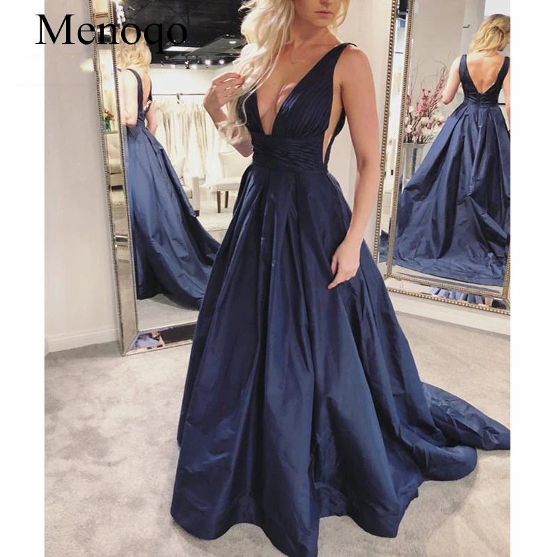 

Elegant 2019 Navy Blue Prom Dresses Long Floor Length Deep V-Neck Sleeveless Tank Satin Backless Formal Evening Party Dress