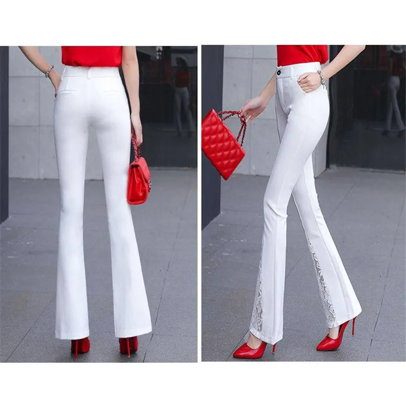 Elegant Office Lady Lace Embroidery Stitching Flared Pants Womens Sexy High Waist Bell Bottom Pants Casual Stretch OL Trousers